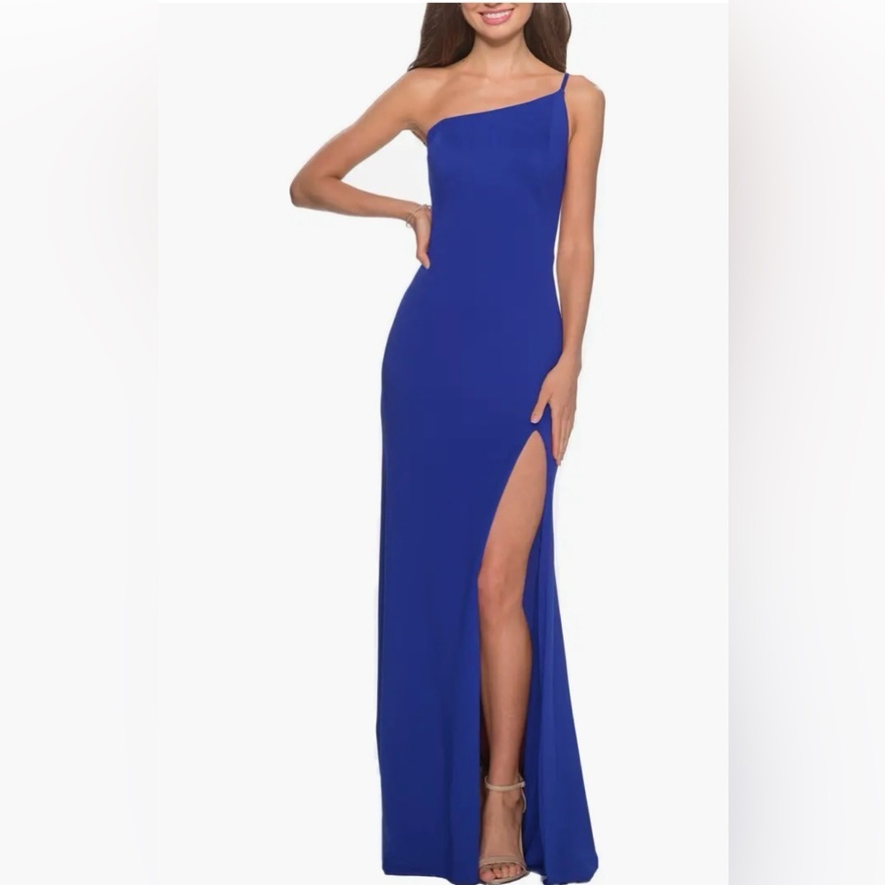 La Femme One-Shoulder Jersey Gown in Royal Blue Size 4 NWT